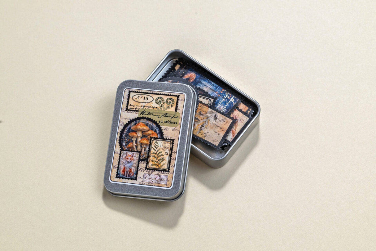CoraCreaCrafts Autumn Stamps Sticker Tin Box