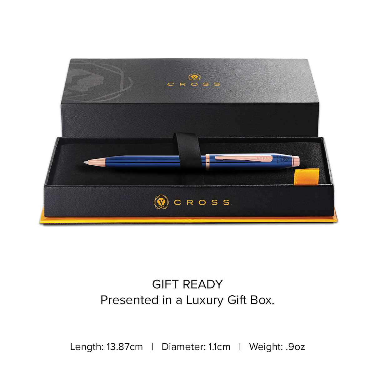 Century II Translucent Cobalt Blue Ballpoint Pen - gift box and specs