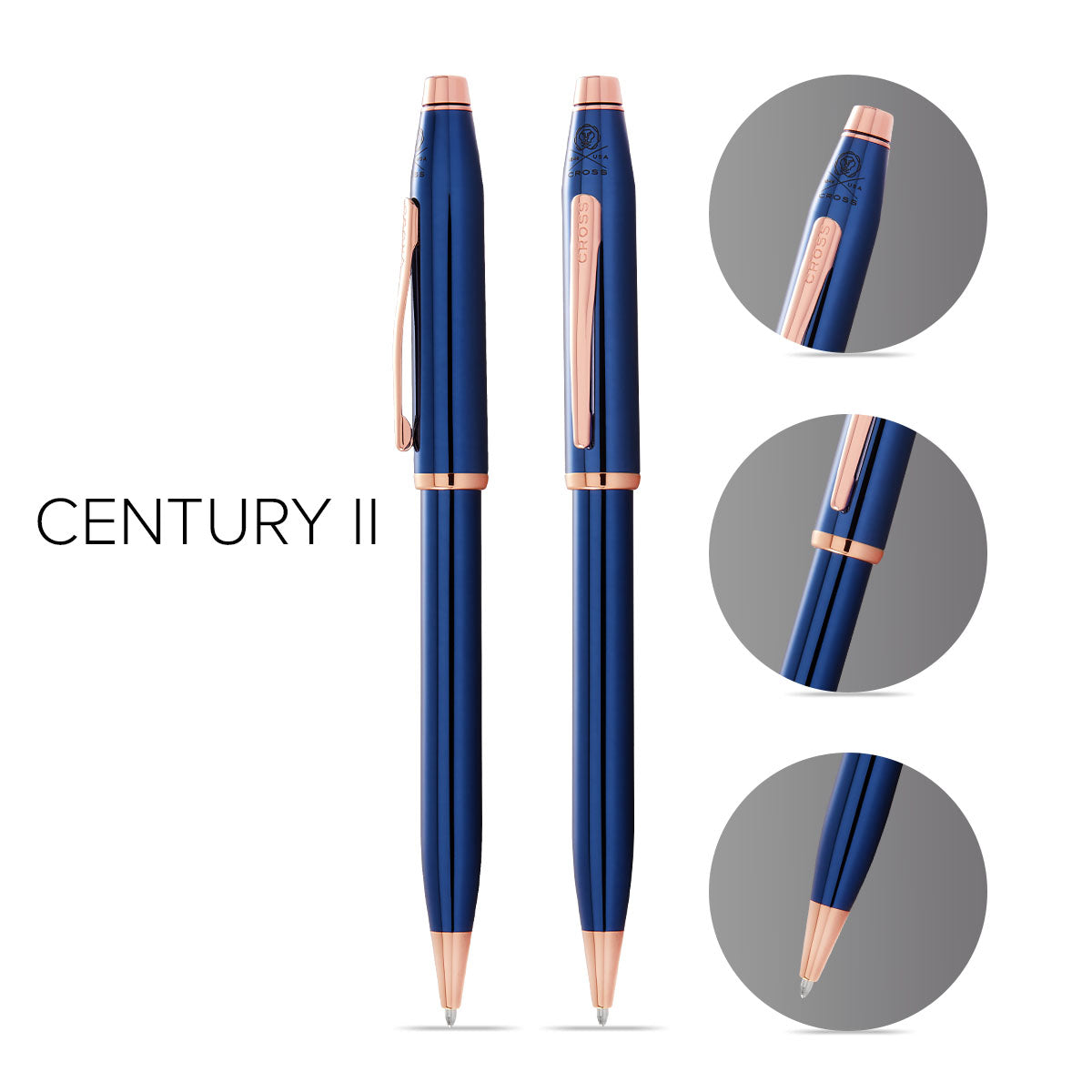 Century II Translucent Cobalt Blue Ballpoint Pen - info graphic