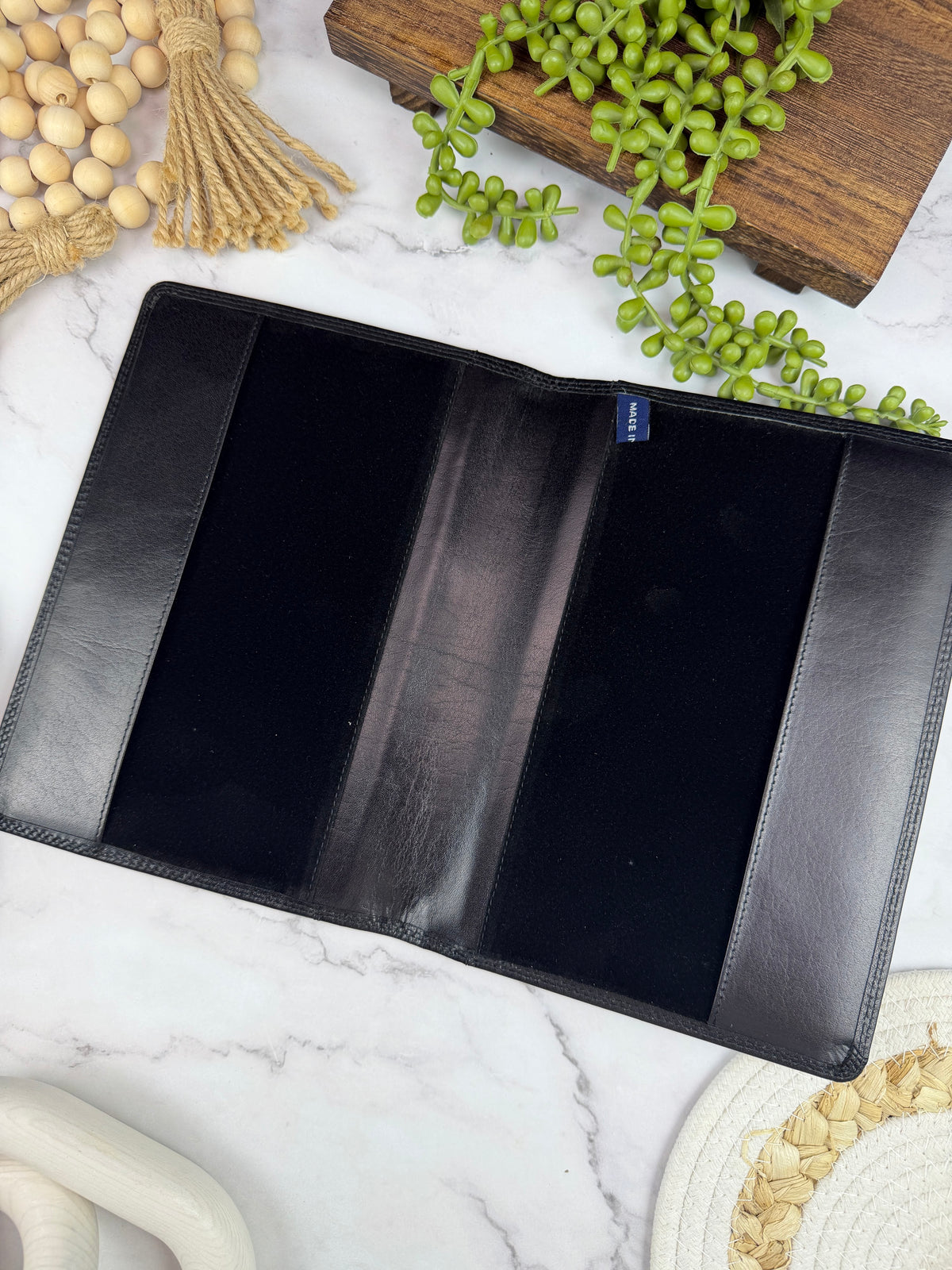 Girologio A5 Leather Notebook Cover in Black, open showing the velvet liner