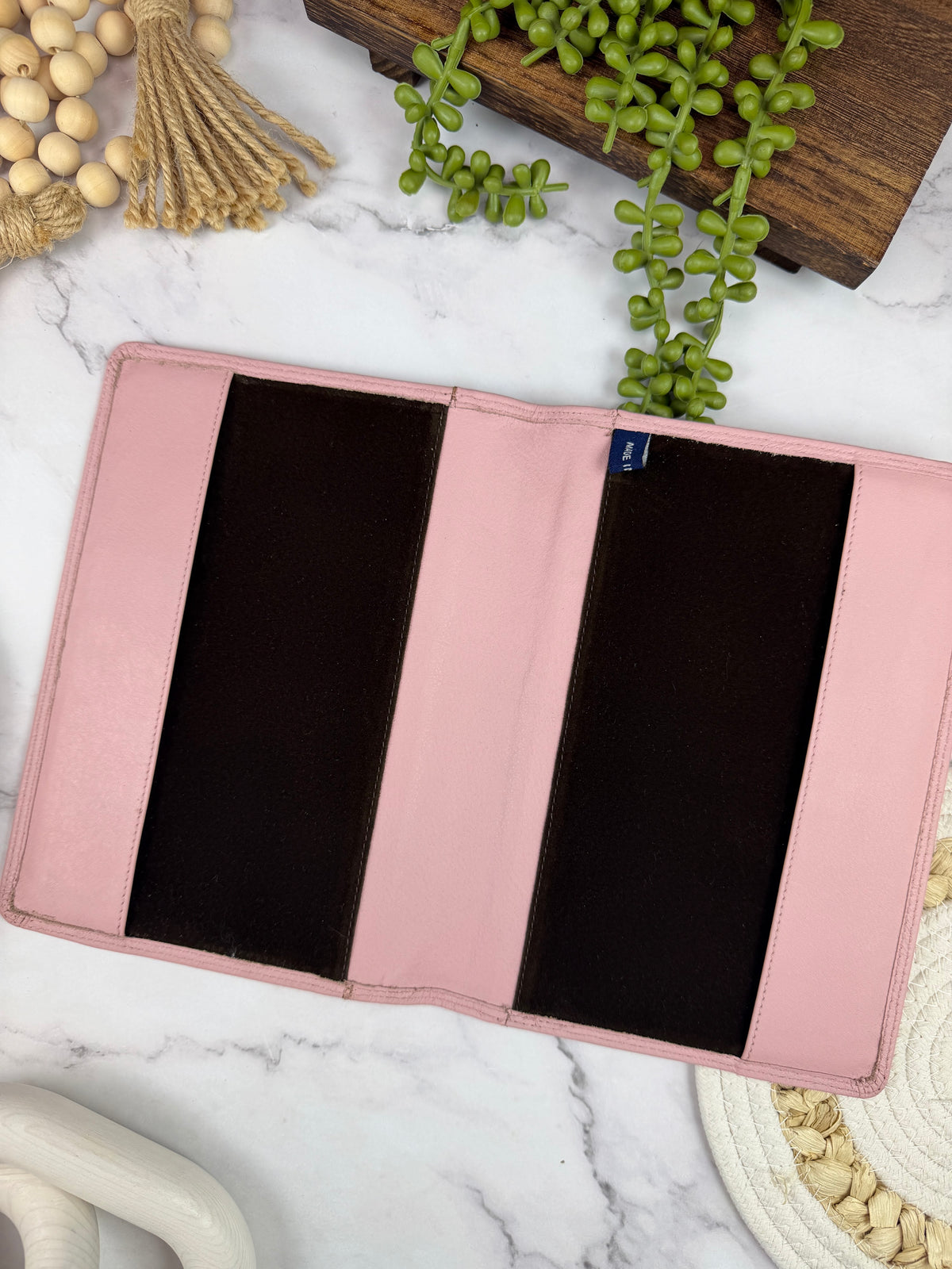 Girologio A5 Leather Notebook Cover in Blush Petal, open showing the velvet liner
