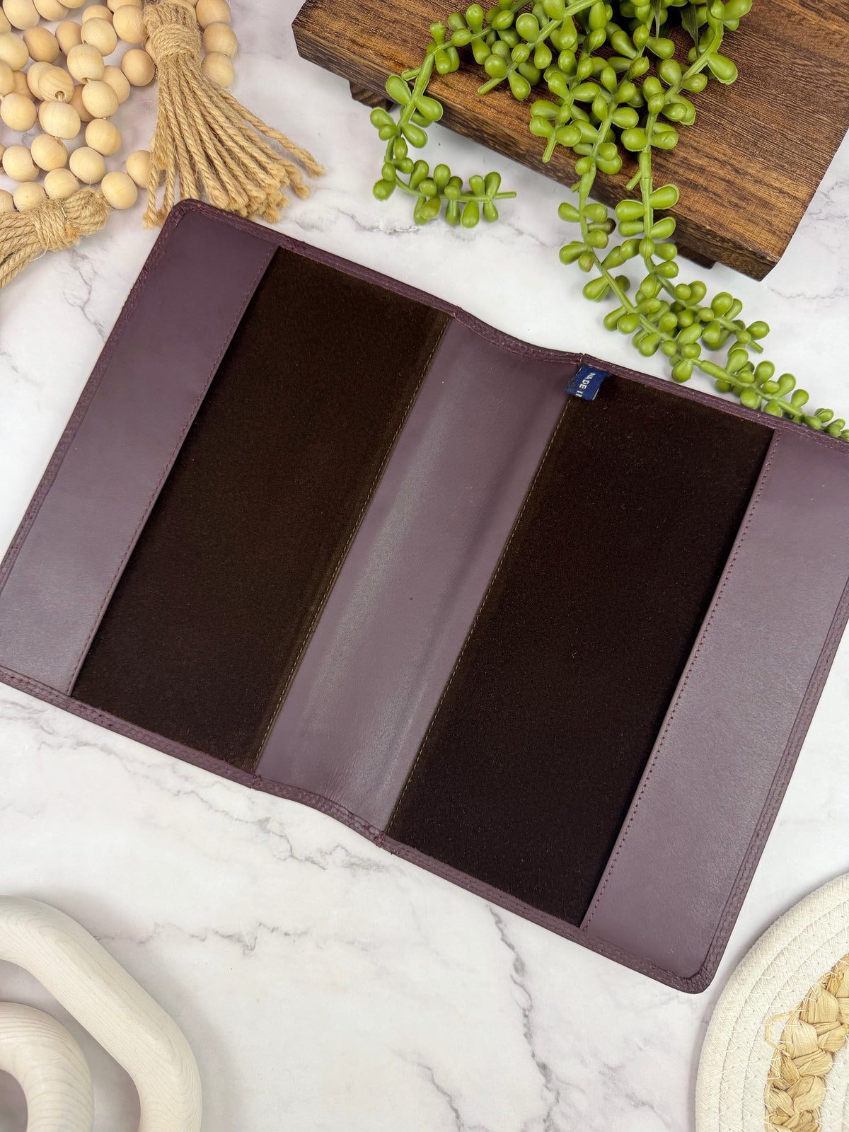 Girologio A5 Leather Notebook Cover in Sugar Plum, open showing the velvet liner