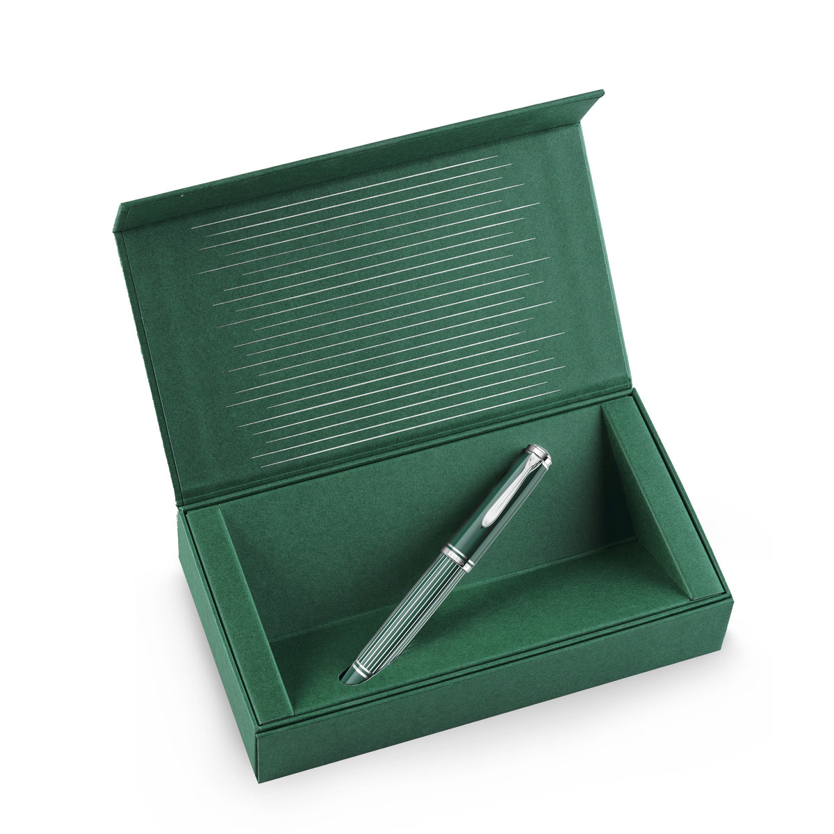 Pelikan M815 Metal Striped Green fountain pen open gift box