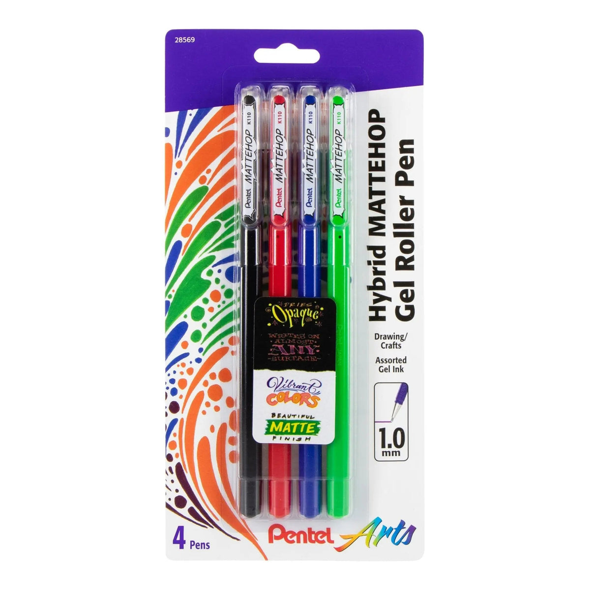 Pentel Arts Hybrid MATTEHOP Gel Roller Sets - 4 Pack - Black, Red, Blue, Green