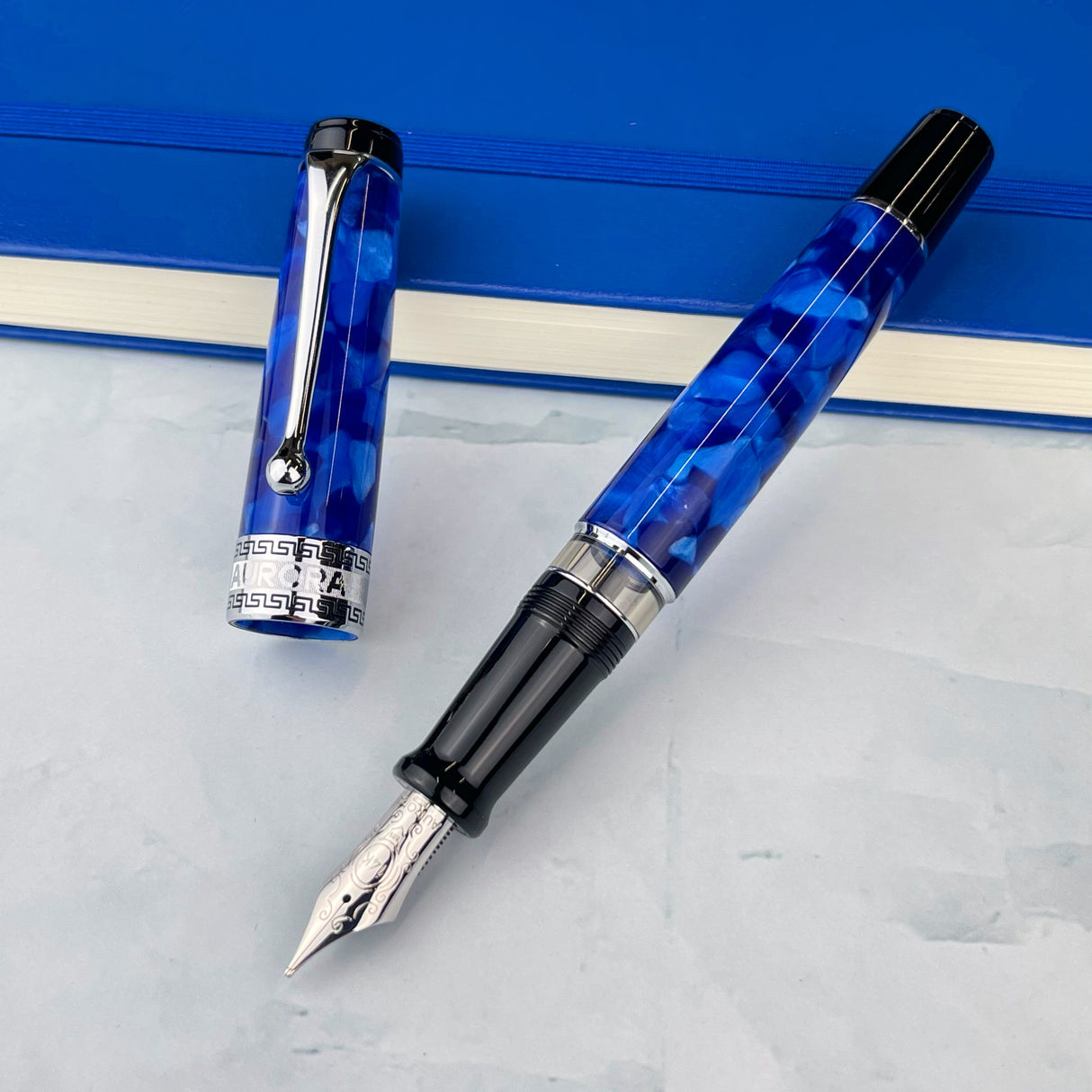 Aurora Optima Auroloide Fountain Pen - Blue with Chrome Trim