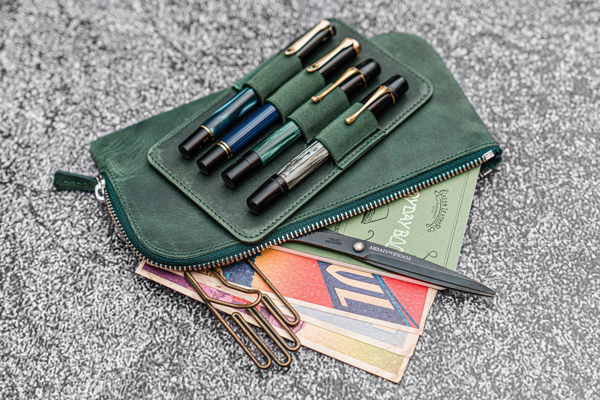 Galen Leather Slip-N-Zip 4 Slots Zippered Pen Pouch - Crazy Horse Forest Green | Atlas Stationers.