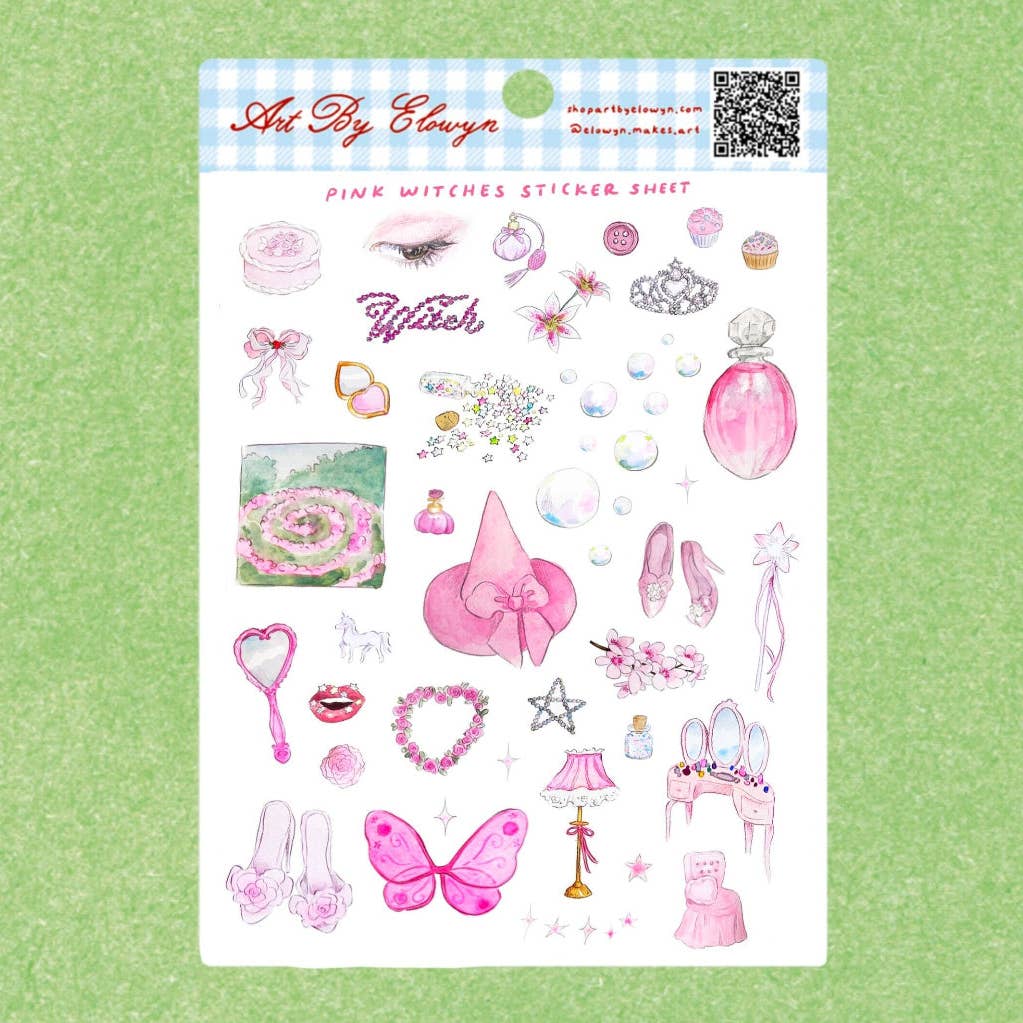 Art By Elowyn Pink Witches Sticker Sheet - 5" x 7" Sticker Sheet
