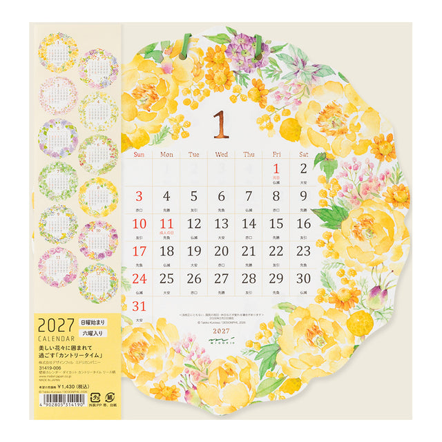 Midori Round Wall Calendar - Country Time Wreath
