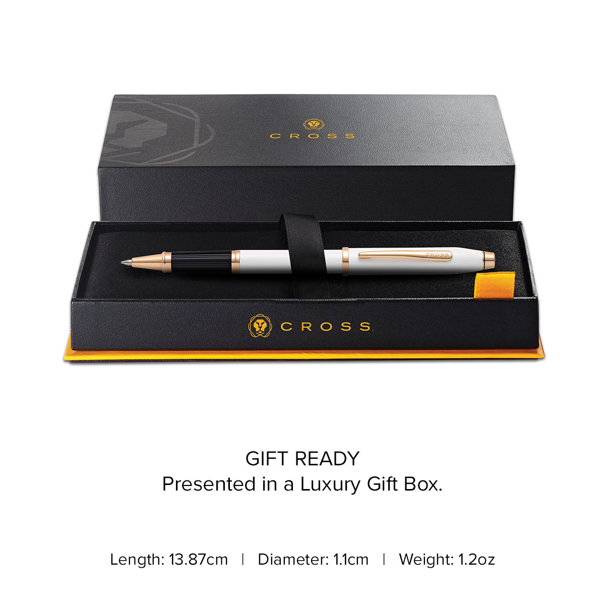 Century II Pearlescent White Rollerball Pen - gift box and specs