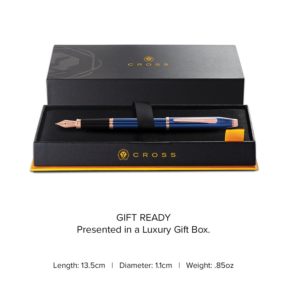 Century II Translucent Cobalt Blue Fountain Pen - gift box and specs