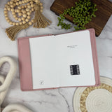 Girologio A5 Leather Notebook Cover in Blush Petal, open with an A5 notebook inside