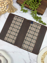 Girologio A5 Leather Notebook Cover in Bomber Brown, open showing the plaid liner
