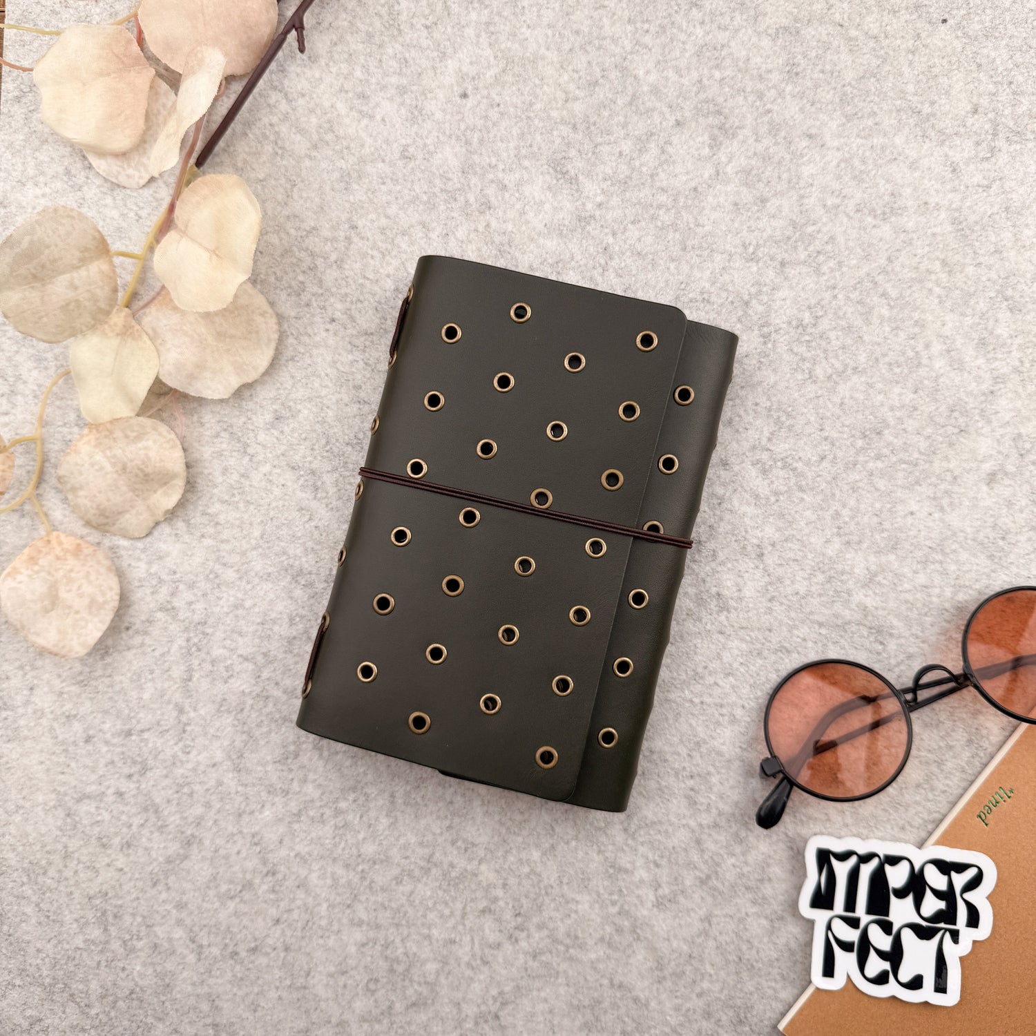 Imperfect Concepts Juniper Leather Notebook - A6 Trifold -Olive w/ Gold & Brass Grommets