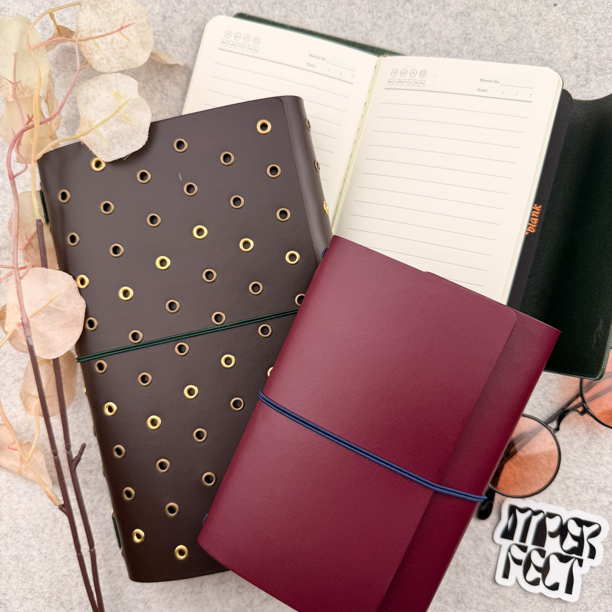 Imperfect Concepts Juniper Leather Notebook - A6 Trifold - Maroon w/ Gold & Brass Grommets