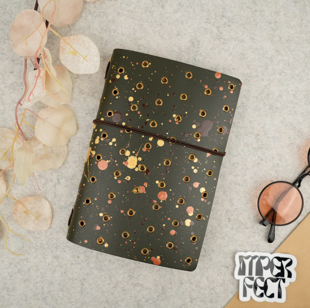 Imperfect Concepts Niko Leather Notebook - B6 Trifold - Painted Olive w/ Brass Grommets