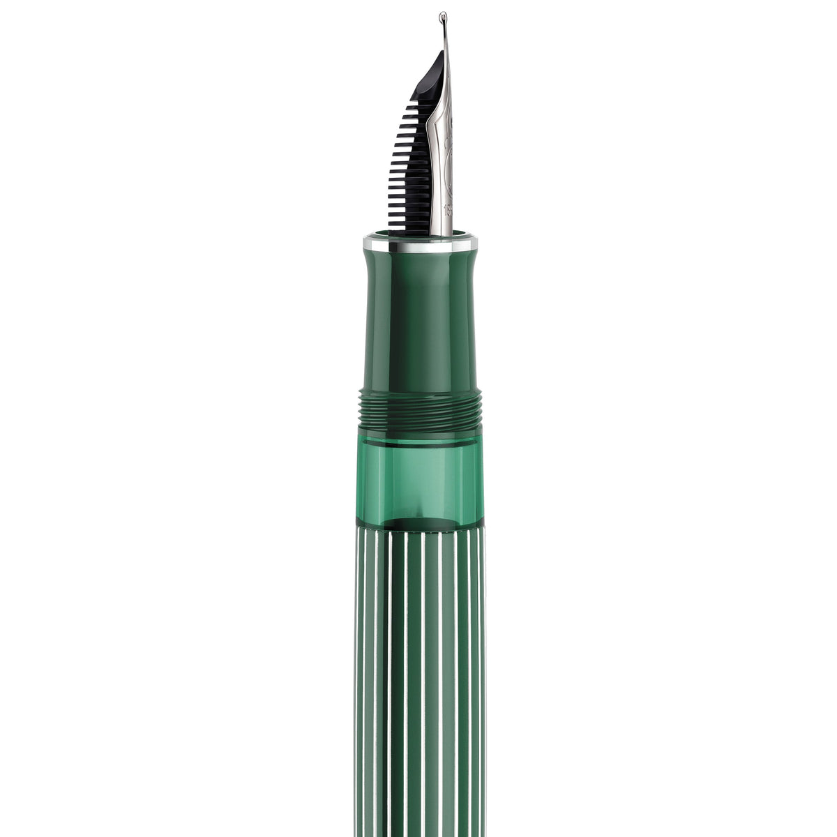 Pelikan M815 Metal Striped Green fountain pen ink window and section