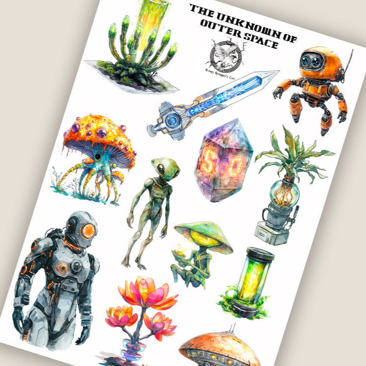 Atlas Stationers - CoraCreaCrafts Sticker Sheet - The Unknown of Outer Space - Stickers