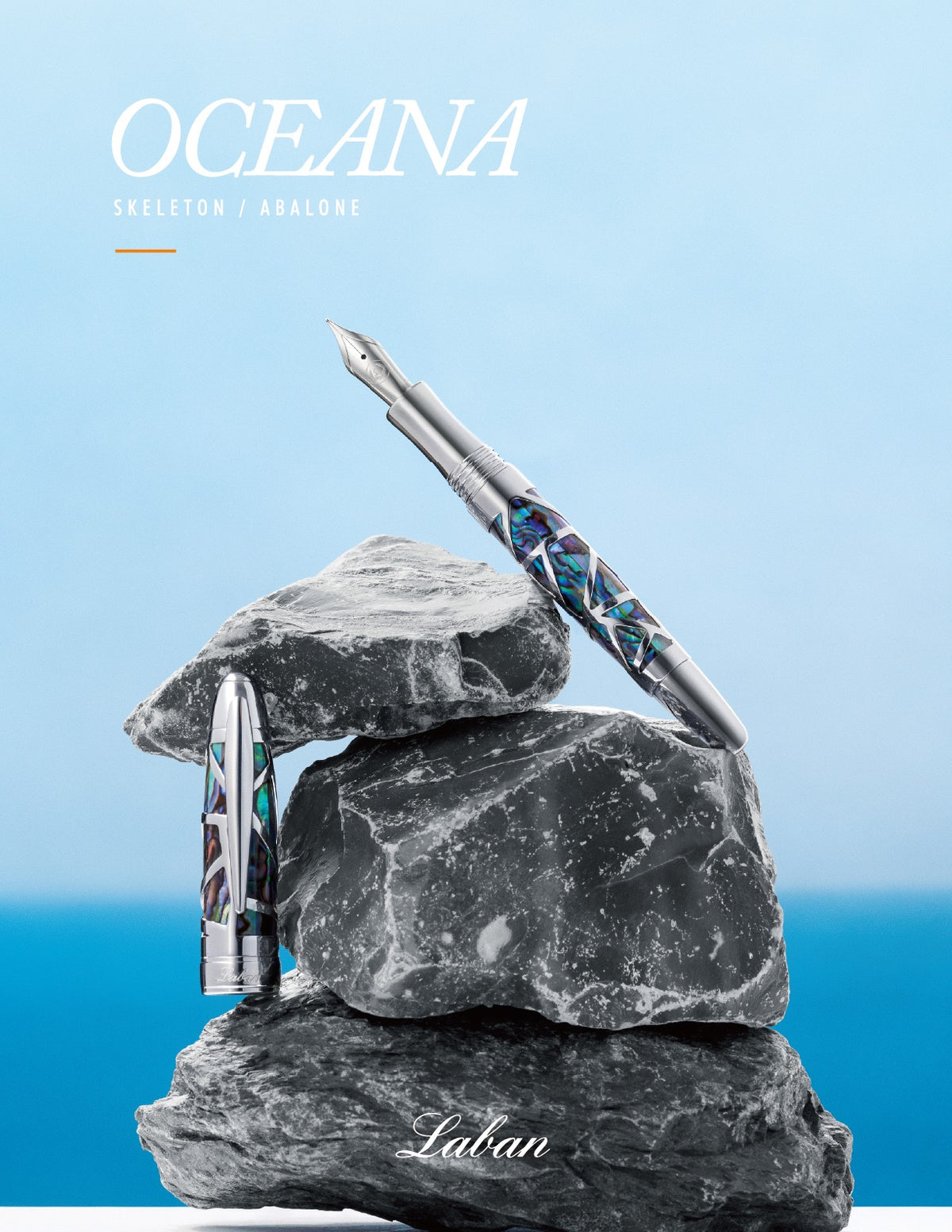 Laban Oceana Abalone Skeleton Fountain Pen - Silver on rocks