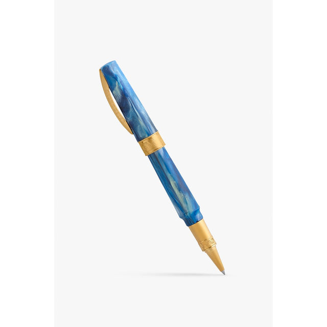 Visconti Mirage Mythos Odysseus rollerball pen, showing the blue and turquoise swirl acrylic body with gold-tone trim and rollerball tip