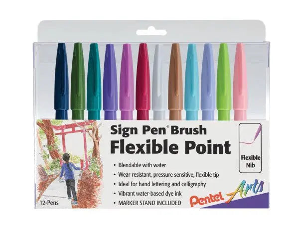 Pentel Arts Sign Pen Brush Tip Sets - 12 Color Set - New Colors