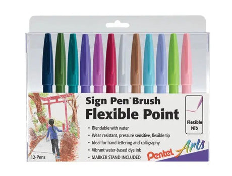 Pentel Arts Sign Pen Brush Tip Sets - 12 Color Set - New Colors