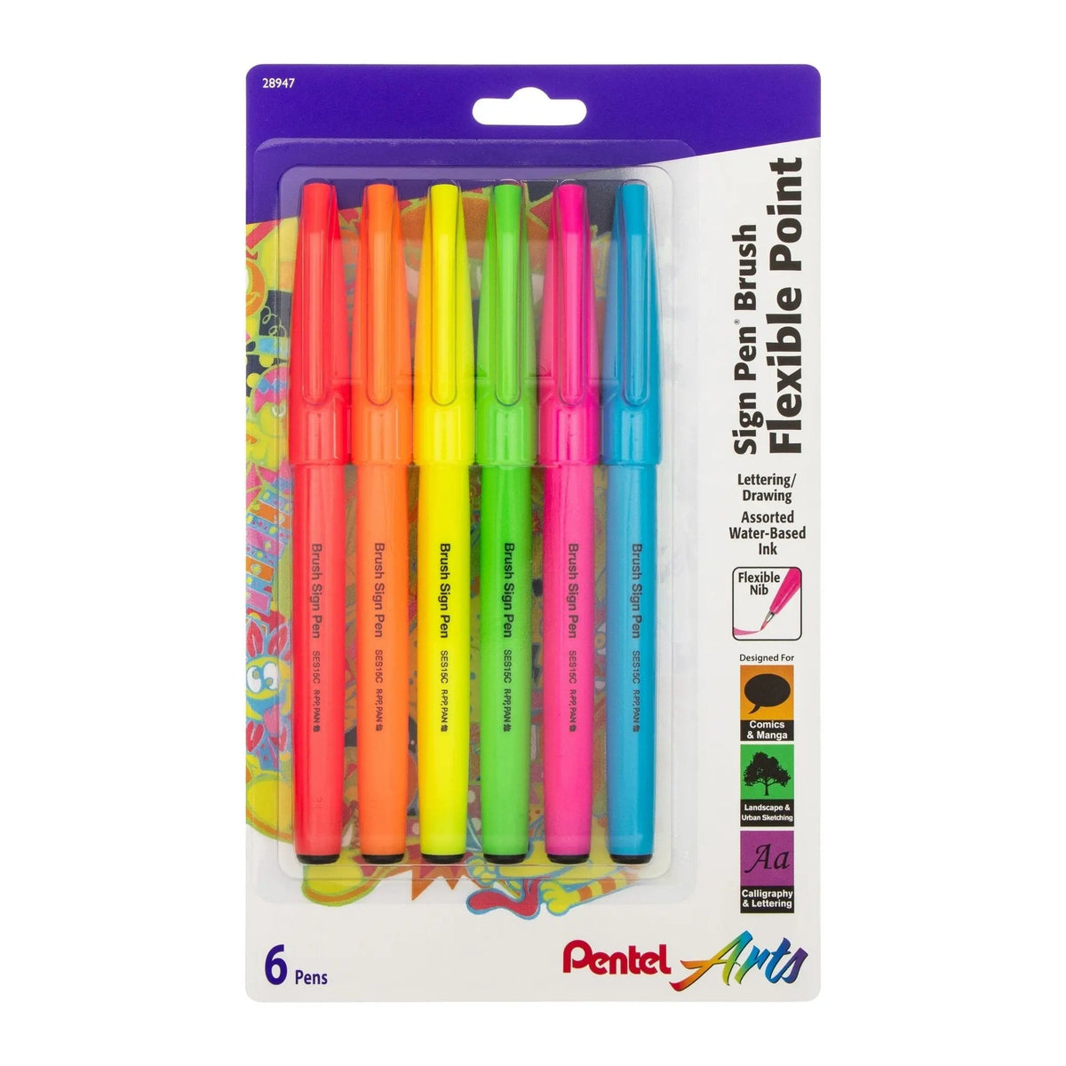 Pentel Arts Sign Pen Brush Tip Sets - 6 Fluorescent Color Set