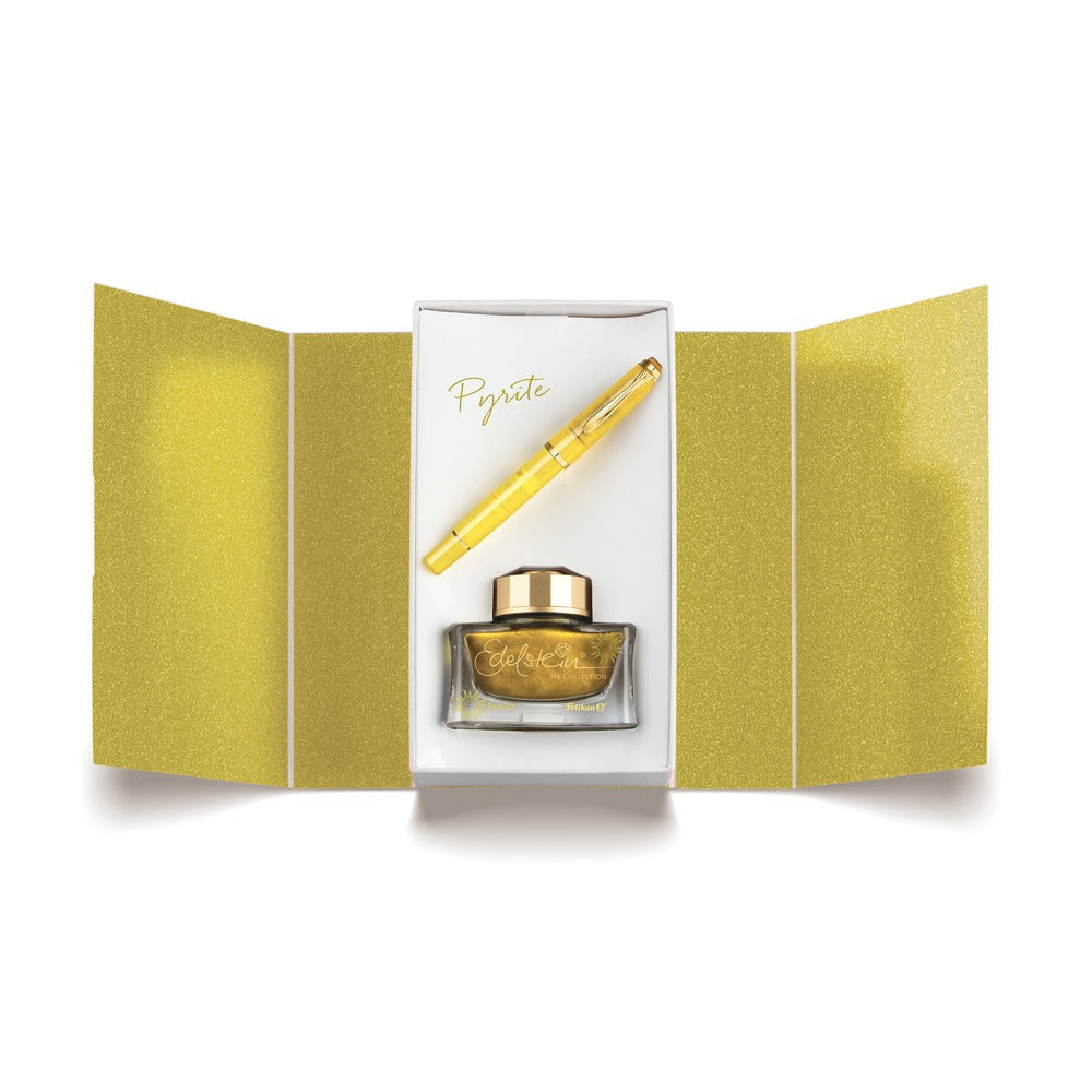 Pelikan Classic 200 Special Edition Pyrite Gift Set, fountain pen and Edelstein Ink of the Year 2026 Pyrite bottle displayed together