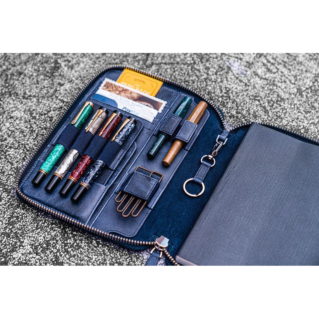 Galen Leather Zipped A5 Notebook Folio - Crazy Horse Navy | Atlas Stationers.