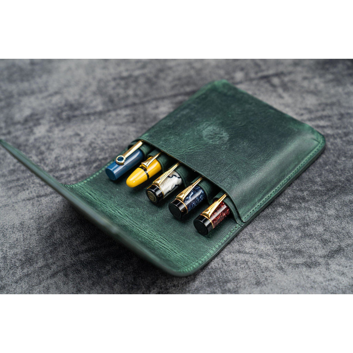 Galen Leather 5 Pen Flap Case - Crazy Horse Forest Green | Atlas Stationers.