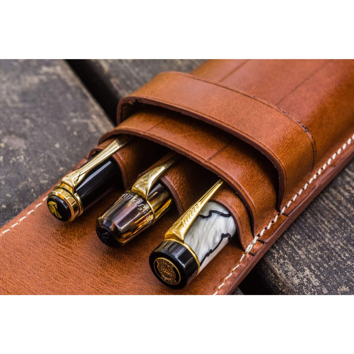 Galen Leather 3 Pen Flap Case - Brown | Atlas Stationers.