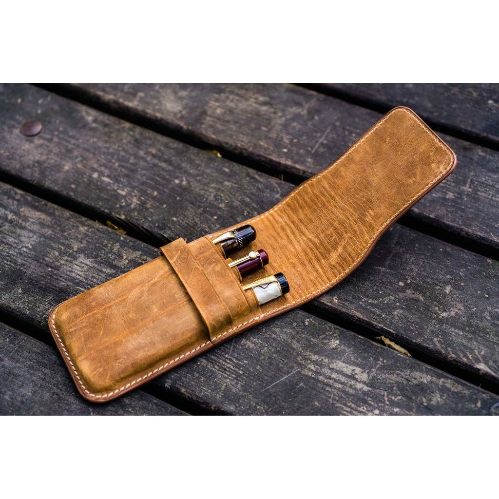 Galen Leather 3 Pen Flap Case - Crazy Horse Brown | Atlas Stationers.